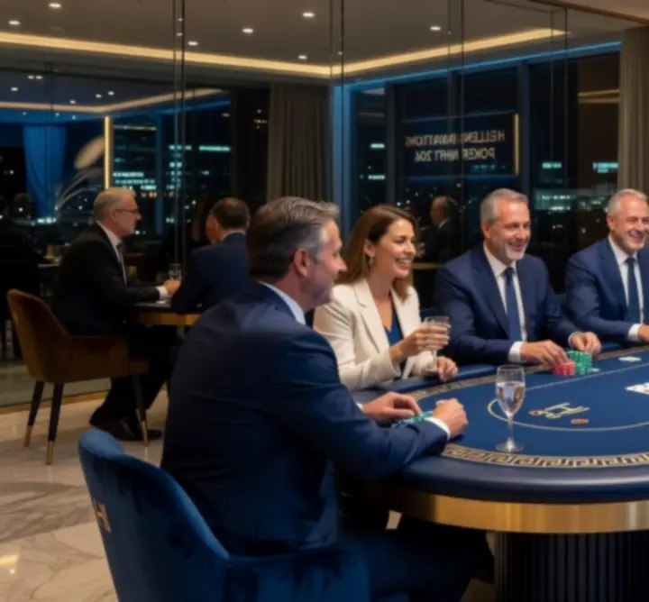 Επαγγελματίες σε εταιρική βραδιά πόκερ με τραπέζια καζίνο