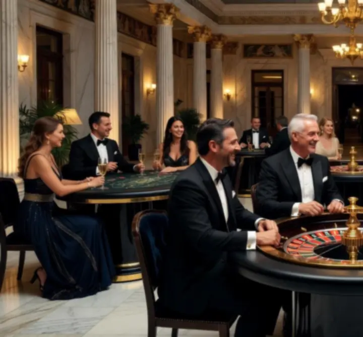 Elegant βραδιά καζίνο με επισκέπτες γύρω από τραπέζια πόκερ σε πολυτελές περιβάλλον.