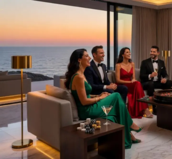 Luxury ιδιωτικό πάρτι σε μοντέρνο ελληνικό χώρο με elegant φωτισμούς και καλεσμένους σε βραδινή ένδυση.