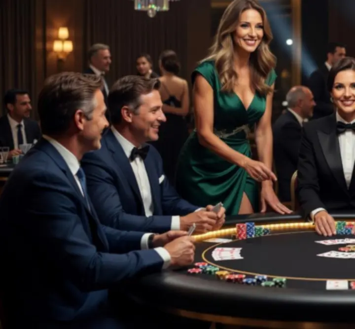 Επαγγελματίες hosts και dealers σε τραπέζι πόκερ με καλεσμένους σε επίσημη ένδυση.