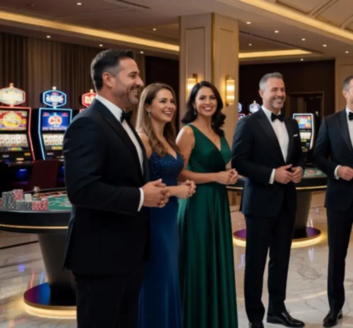 Χαμογελαστή ομάδα επαγγελματιών hosts και dealers της Evening Hub Studio